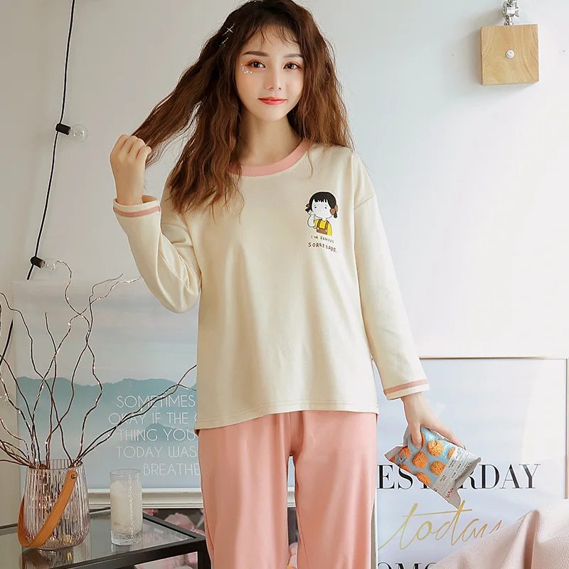 

XIFER Autumn and Winter Cotton Ladies Pajamas Long-sleeved Trousers Casual Sweet Cartoon Can Be Worn Outside Suit Home Service