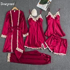 Daeyard Сатиновые пижамы наборы для женщин, 5 шт.набор, сексуальное кружевное платье на бретелях Топ и штаны ансамбль; Одежда для сна; Демисезонный Домашняя одежда ночной халат платье набор