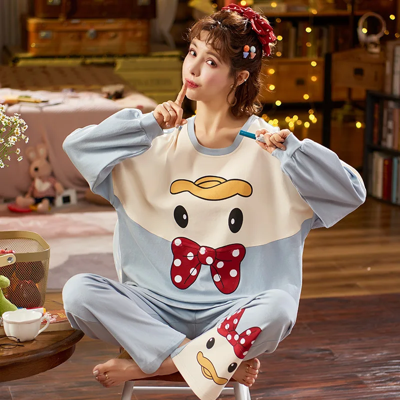 Женский пижамный комплект с принтом топ длинными рукавами и круглым вырезом