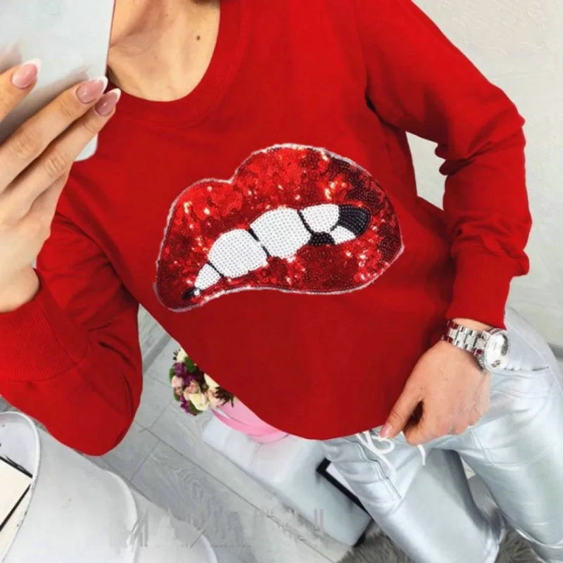 Женский свитшот с блестками милый длинным рукавом красными губами белым черным