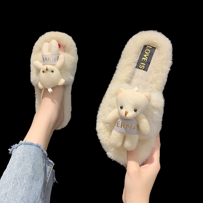 

Women Flat-bottomed Women's Slippers Hairy Slippers Female 2021 Autumn New Plus Fashion Cotton Slippers Comfortable Versatile