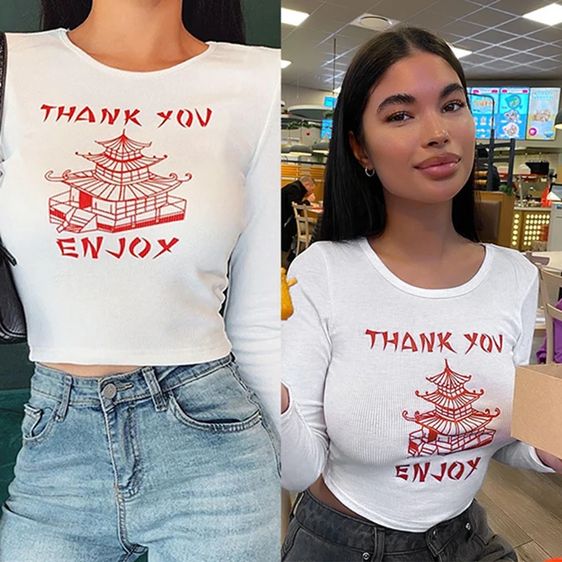 Женская трикотажная футболка с буквенным принтом Thank You Enjoy белая укороченная