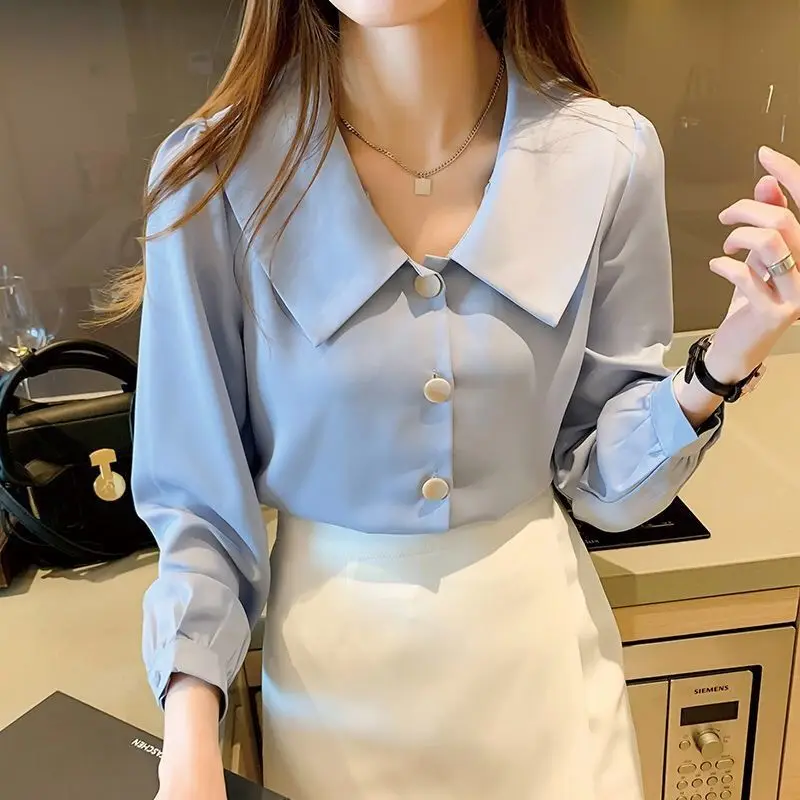 

MINGLIUSILI Korean Style Blouse Women Spring 2021 Fashion Blue Button Up Shirt Elegant Long Sleeve Loose Casual Women Clothes