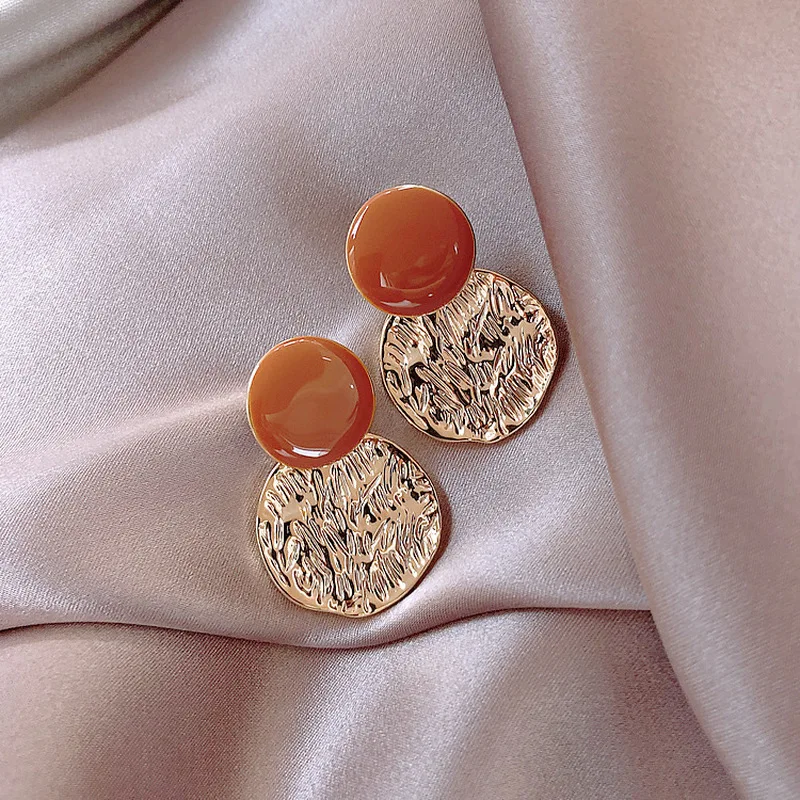 

MINAR Retro Orange Round Pleated Metal Earrings Vintage Gold Color Geometric Drop Dangle Earrings Statement Jewelry Gift