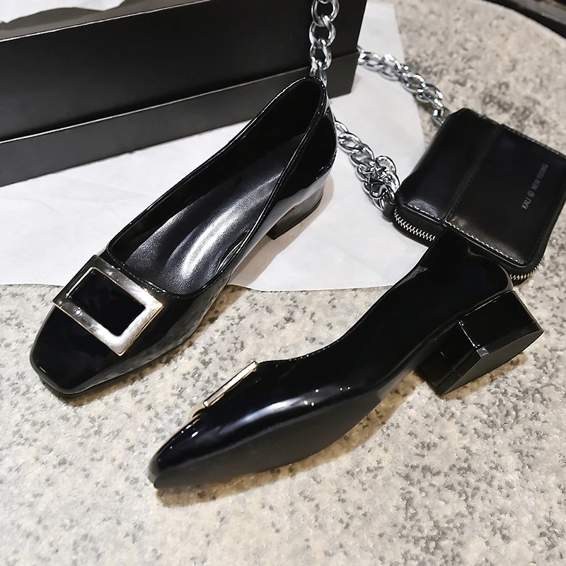 

Square-Toe Thick-Heeled Patent Leather Single Shoes 2021 Summer New Style All-Match Square Buckle Mid-Heeled High-Heeled Large S