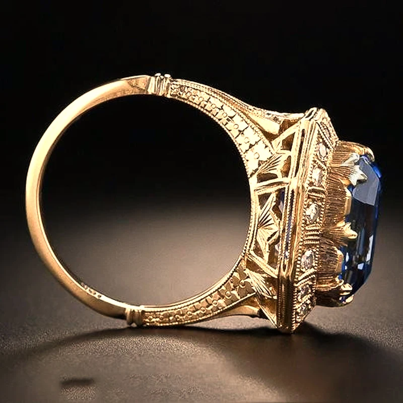 Blue Topaz Princess Diamond Ring with 18K Yellow Gold Color Engagement for Women Gift Jewelry | Украшения и аксессуары