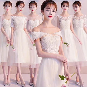 Bridesmaids Dresses Illusion O-Neck Appliques Embroidery Pearls Lace Tulle Off The Shoulder A-Line Women Wedding Party Gown E088 Bridesmaids Dresses Illusion O-Neck Appliques Embroidery Pearls Lace Tulle Off The Shoulder A-Line Women Wedding Party Gown E088