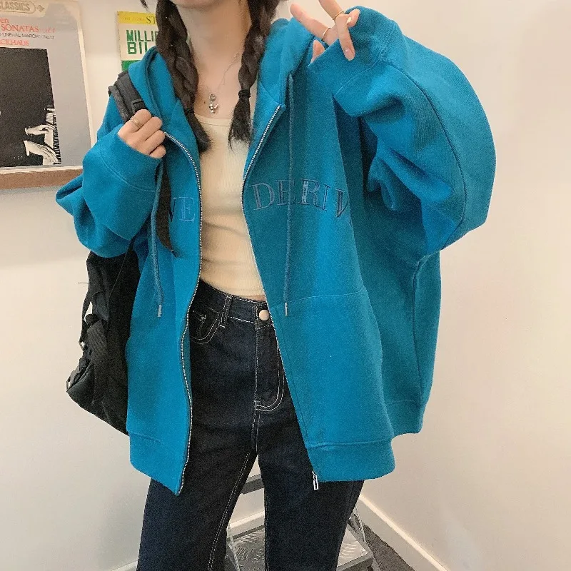 

Women Hoodies Autumn 2021 New Korean Fashion Solid Loose Casual Letter Wild Long-sleeve Zip Up Hoodie Sweatshirt Cardigan Jacket