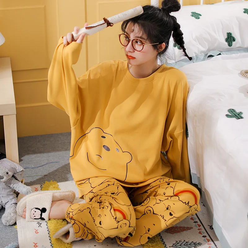 

Cotton Pajamas Set Autumn Winter Women Nightwear Cute Banana Print Long Sleeve Sleepwear Simple Female Home Clothes