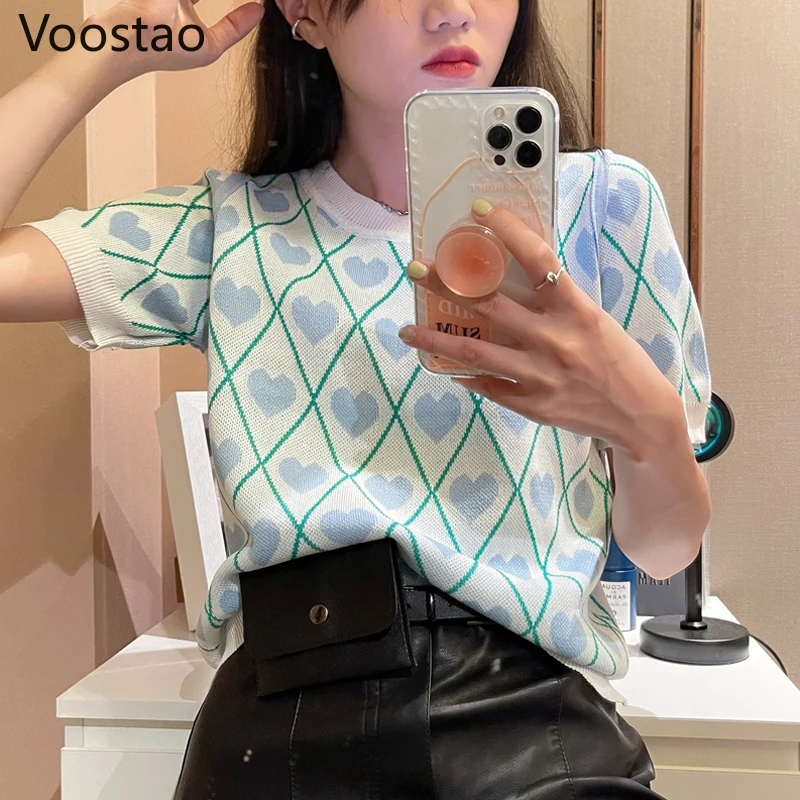 

Милый в форме сердца в клетку Графический»; Летние футболки в стиле хип для женщин Harajuku с коротким рукавом топы в Корейском стиле женский ши...