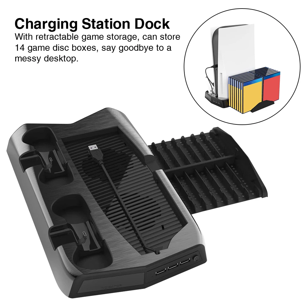 

Charging Station Dock Dual Controller Retractable Storage 3 USB Ports Console Space Saving With Cooling Fan For Playstation5