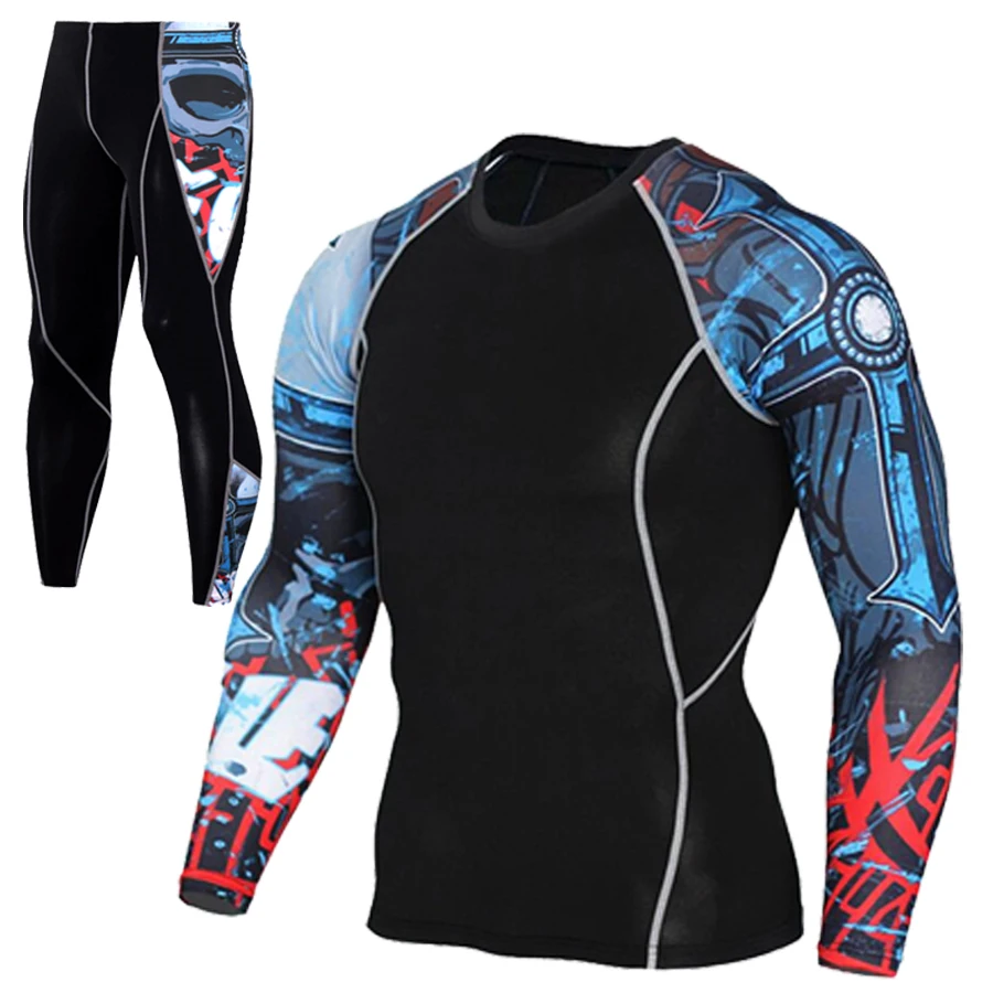 Комплект мужской спортивной компрессионной одежды для бега футболка и штаны