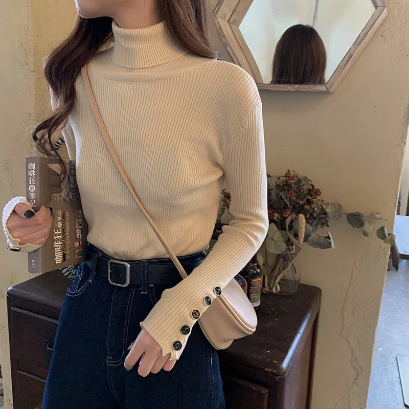 Casual Turtleneck Sweater Women Streetwear Fashion Knitted Button 2019 Autumn Winter Khaki Pullovers Tops | Женская одежда