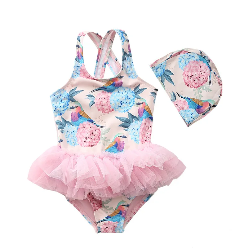 

0-10 Years Toddler Baby Swimsuit Lace Tutu Dress One-Piece Kids Swimwear For Girls Floral Bathing suit Beach Wear With Swim Hat