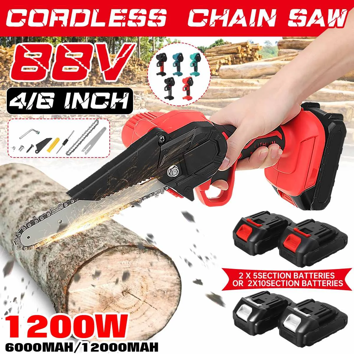 

4/6Inch 88V 1200W Mini Cordless Electric Chain Saw Rechargeable Portable Chain Saw Woodworking Power Tool With 2 Batteries