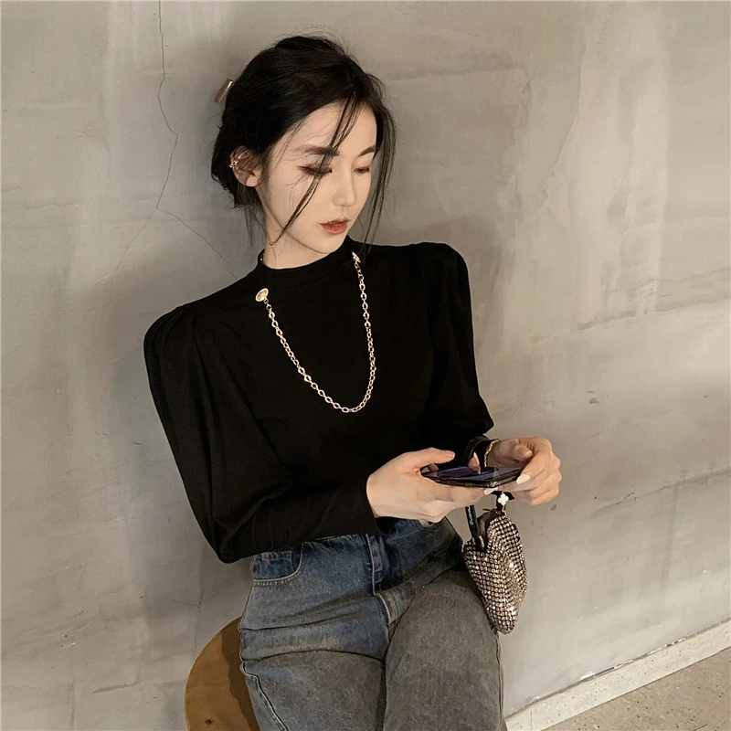 

Spring Autumn New Retro Slim Fit T Shirt O Solid Puff Long Sleeve Tees New Top