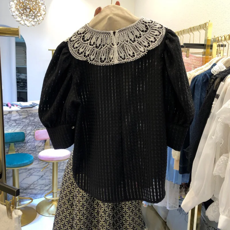 

New Sweet Lace Patchwork Shirts Women Blouses Fashion Puff Sleeve Woman Tops Korean Style Summer Short Sleeve Ropa Mujer