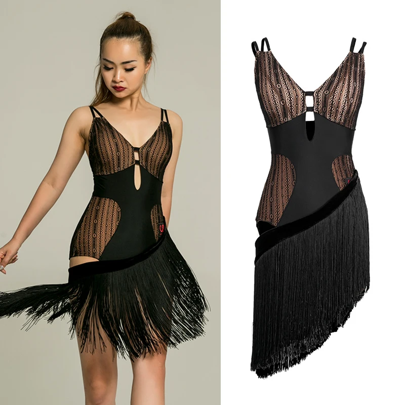 Новое платье для латинских танцев женское сексуальное кружевное с бахромой