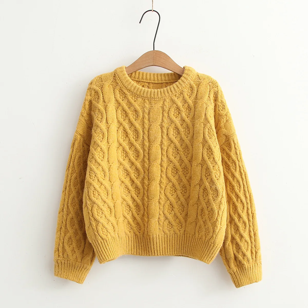 Autumn Winter Sweet Thick Twist Knitted Pullover Women Korean Casual O Neck Lantern Sleeve Yellow Cotton Sweater Student Jumpers