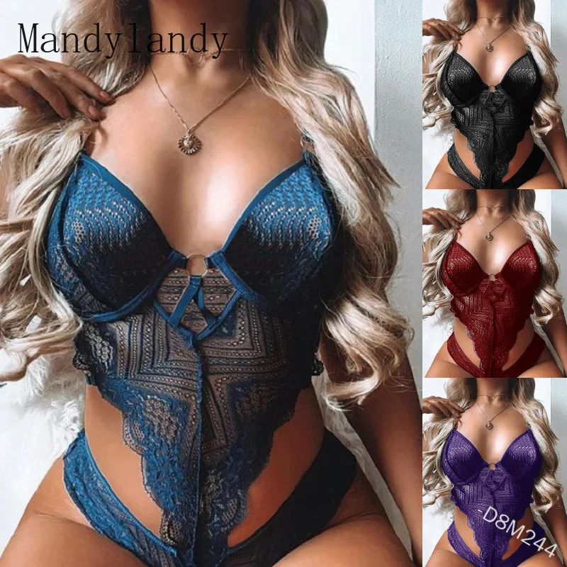 

Mandylandy Fashion Sleepwear Backless Teddies Hollow Bodysuit Floral Lace Halter One Piece Sexy Lingerie