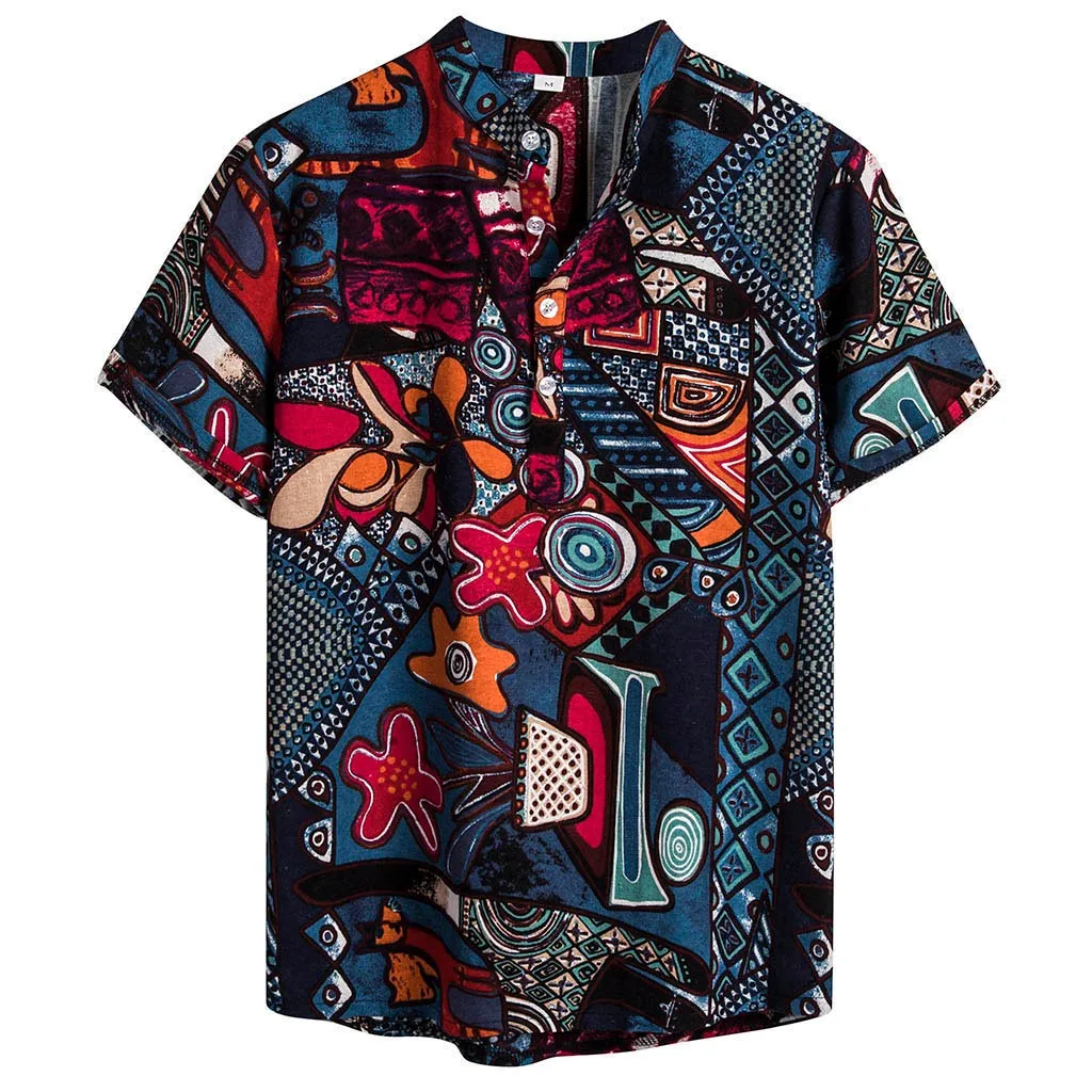 

Mens Hawaiian Shirt Ethnic Short Sleeve Shirt Men Summer Tops Cotton Linen Print Casual Camisa hombre