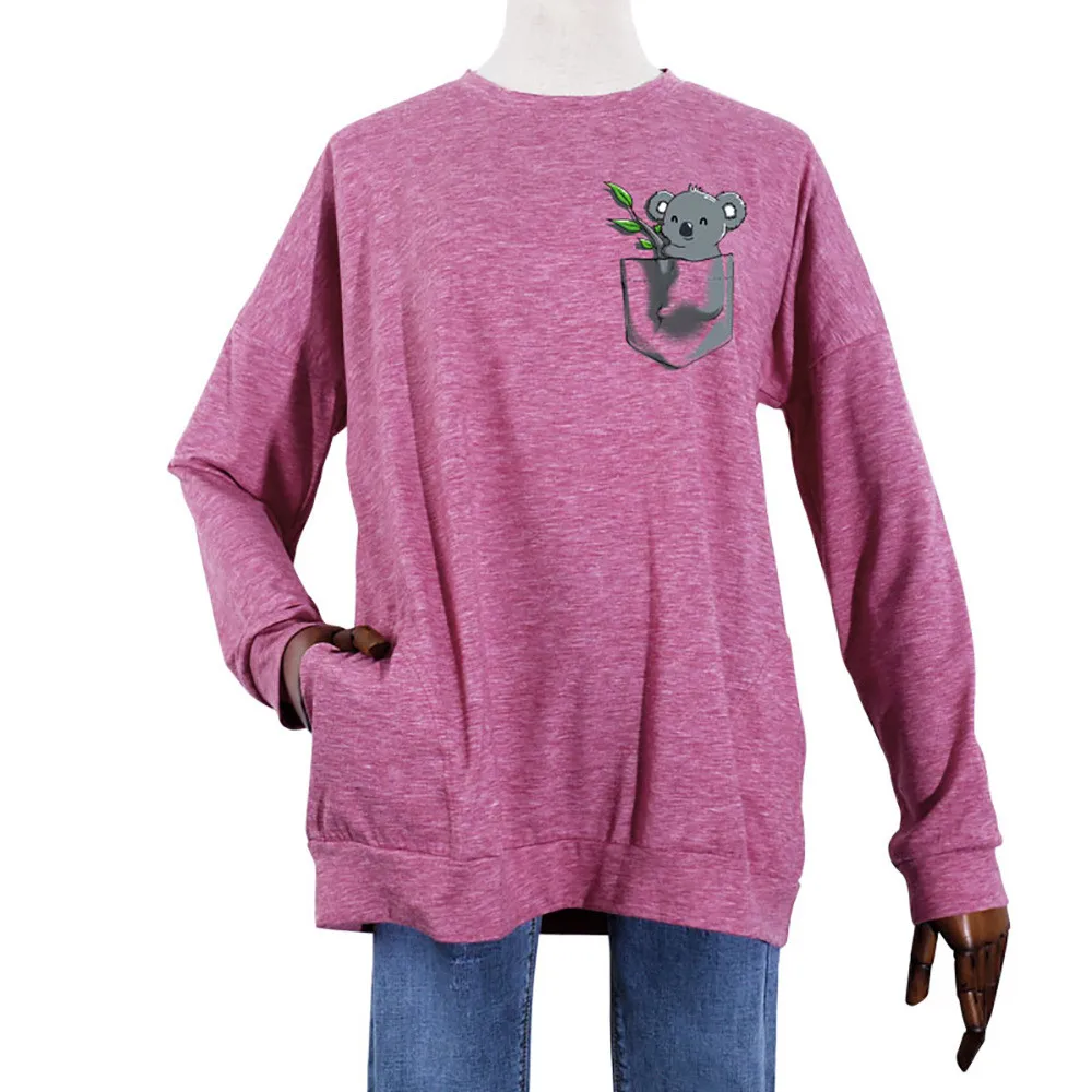 

Poocket Sloth Print Long Sleeve T Shirt Women Fall T-shirt Pullover Loose Autumn O-neck Basic Shirts Female Tees Top Plus Size
