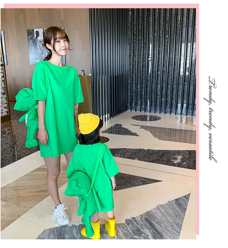 

Summer Family Dress Summer Short Sleeve Mother Daughter Dresses Green Cotton Mum Baby Tee Clothes Women & Girls Outfits Vestidos