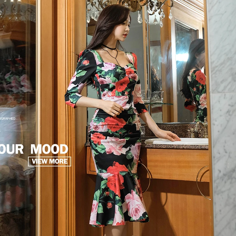 

2020 Spring and Autumn Korean Fashion Thin Print Tube Top Sleeve Slim Fishtail Dress Knee-Length Zippers Three Quarter