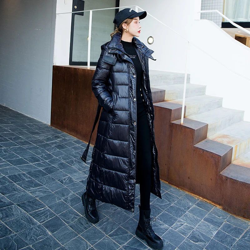 

Women Winter Coats and Jackets Female Elegant Hooded Slim X-Long Parkas High Quality Down Cotton Parkas 2020 Belt Puffer Jackets