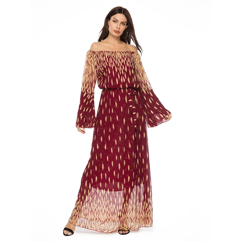 Baju Muslim Dubai Turki Satu Leher Sangkakala Lengan Dicetak Ayunan Besar Gaun Abaya Wanita Islam Indonesia Maroko Rok Panjang