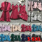 Костюм женский из четырех предметов, Шелковый кружевной халат, ночная рубашка, пижамный комплект, доступно несколько цветов, T5