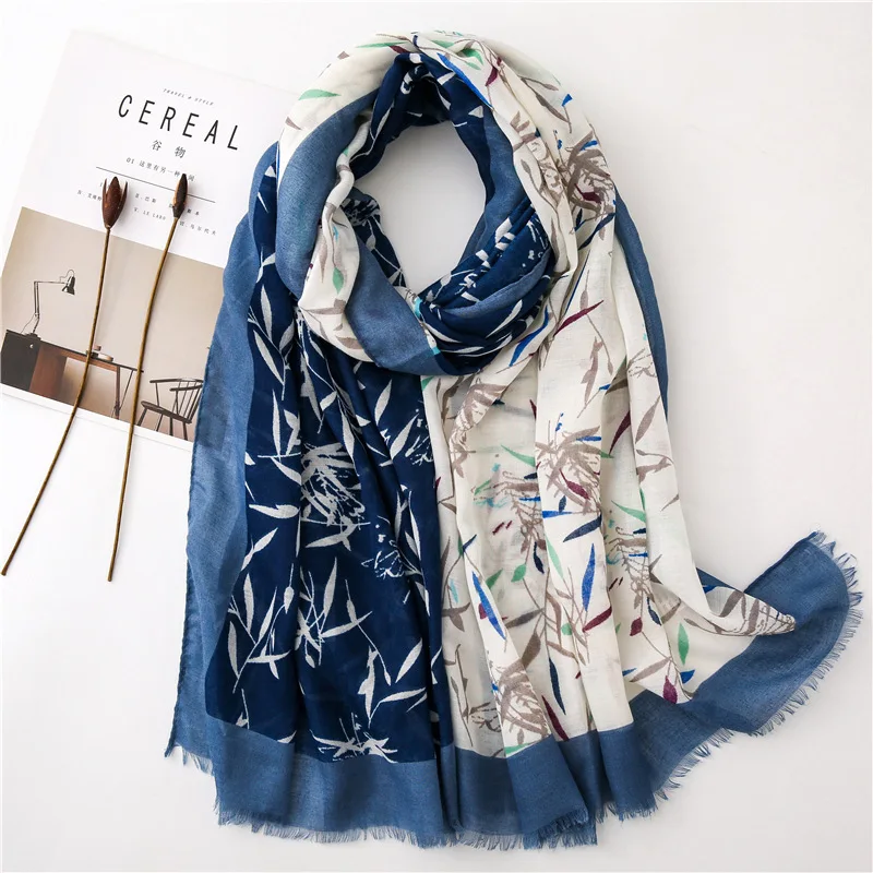 

silk scarves bamboo leaf printing cotton hemp scarf spring and autumn fashion beach silk scarf women's tourism sunscreen shawl