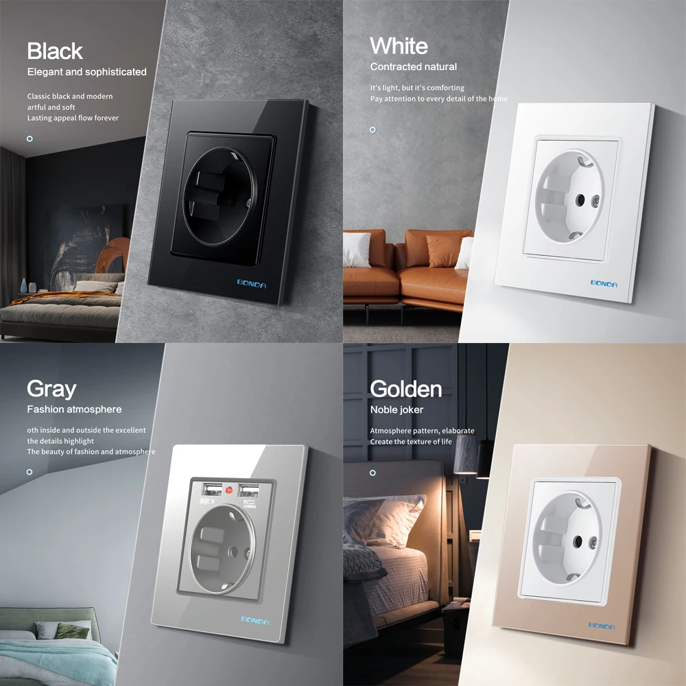BONDA Wall Socket Tempered Glass Panel EU Standard Kids Child Safety Protection Electrical Power Outlet 86mm * 16A 110~250V |