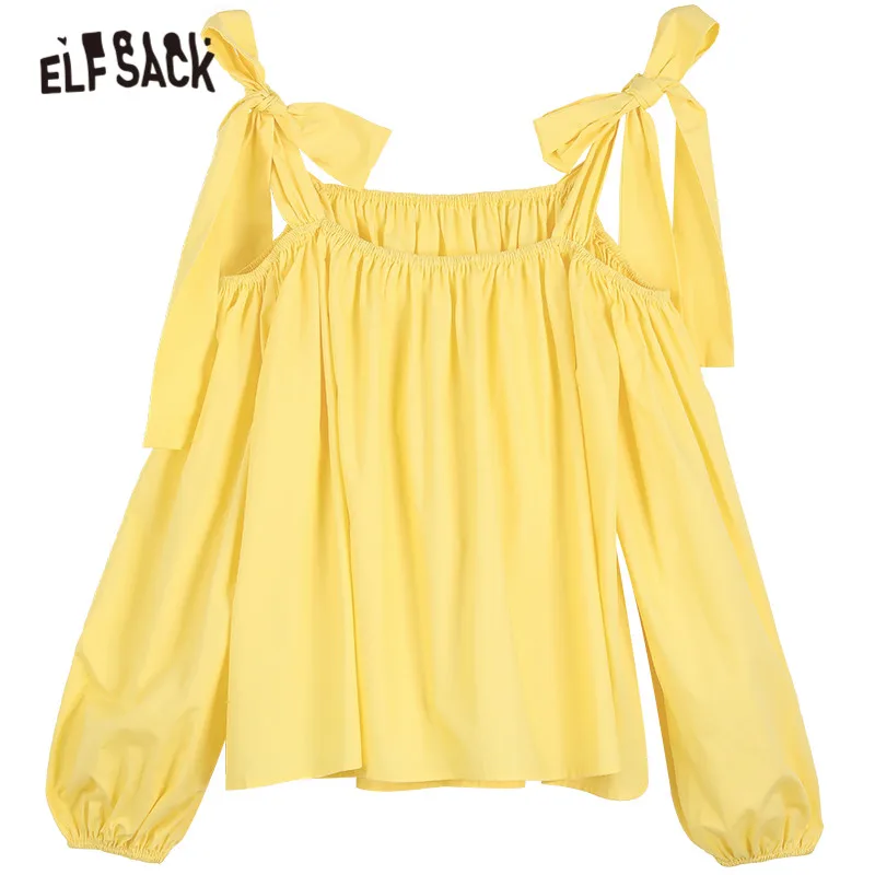 

ELFSACK Solid Pure Chic Bows Backless Shirt Women,2021 Summer Vintage Lantern Sleeve Sweety Girly Basic Daily Minimalist Top