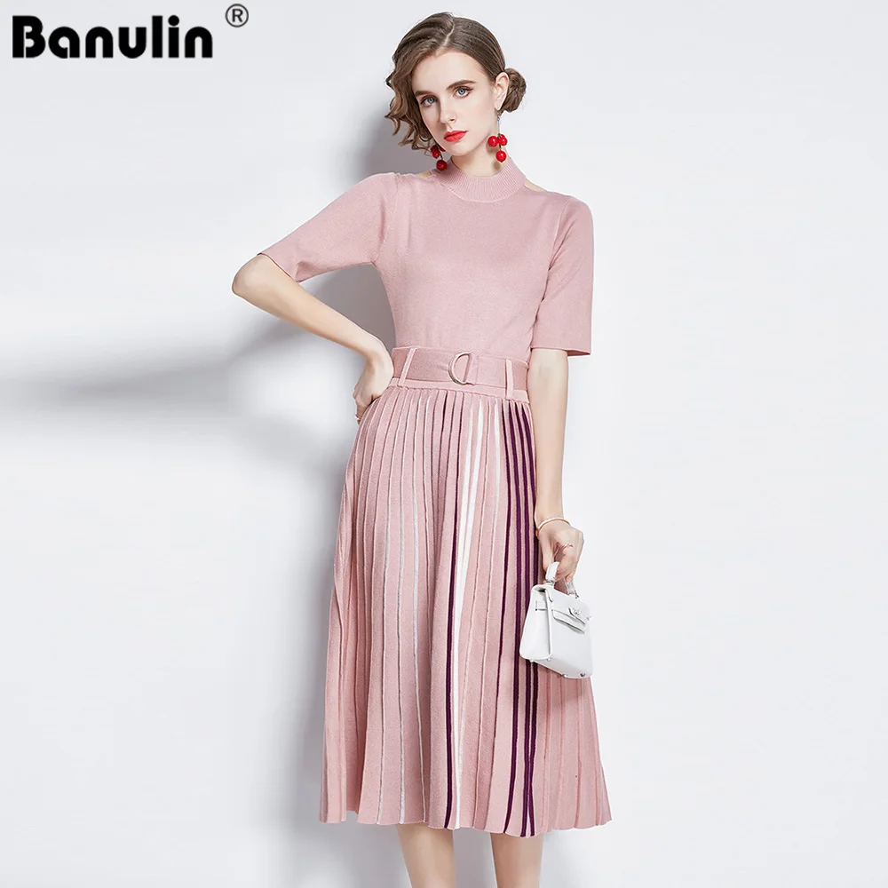 

Banulin Spring Summer Women Cool Shoulder Knit Solid Tops + High Elastic Waist Pleated Skirt Suit Runway 2 Pieces Knit Set