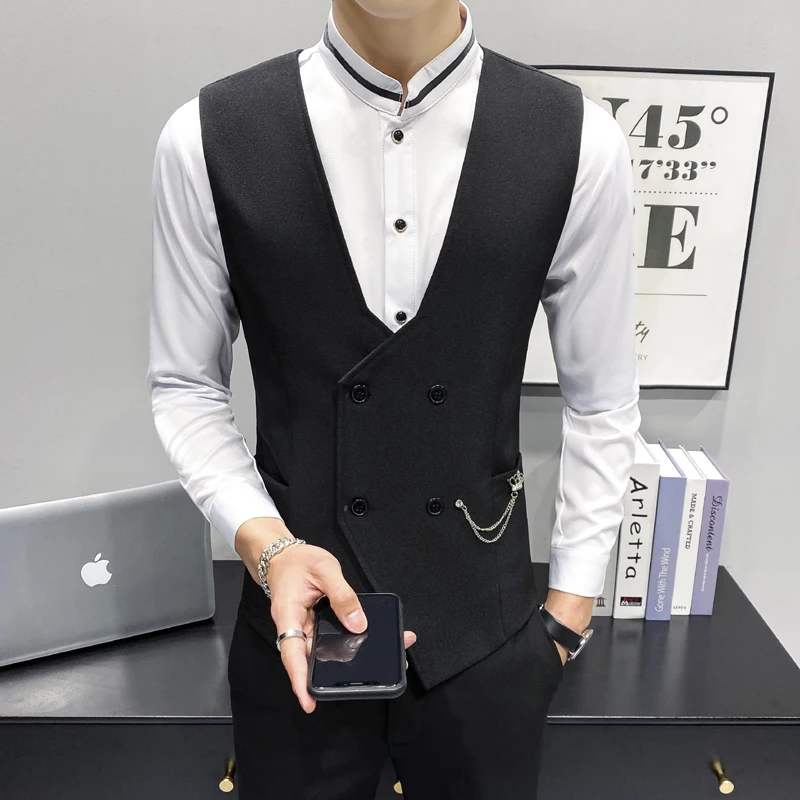 

Loldeal Men Vest Fashion Casual Nightclub Bar Work Clothes Double Breasted V-neck