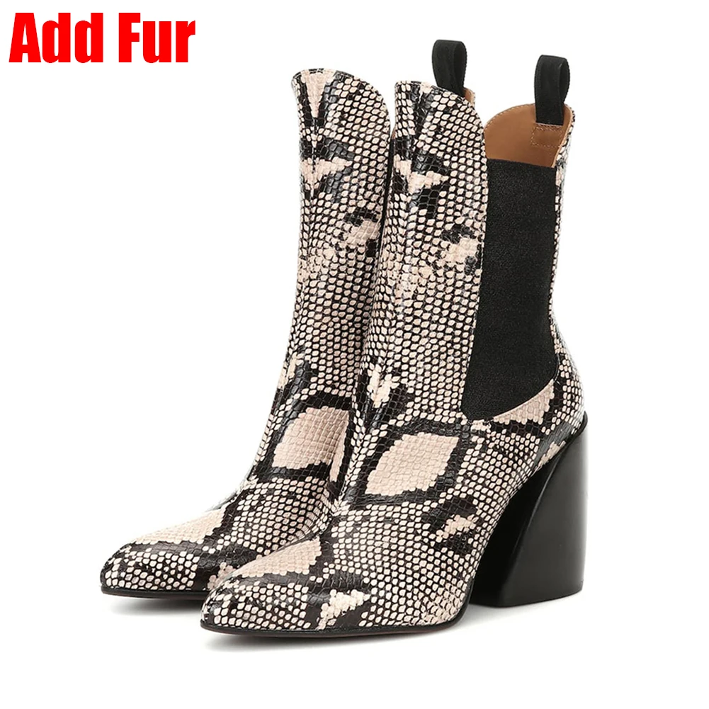 snake veins add fur BONJOMARISA; Новинка; Размеры 33-43; Роскошные брендовые дизайнерские ботиночки; женские Качественные ботильоны из натуральной кожи; коллекция года; женская обувь на высоком каблуке - Цвет: snake veins add fur