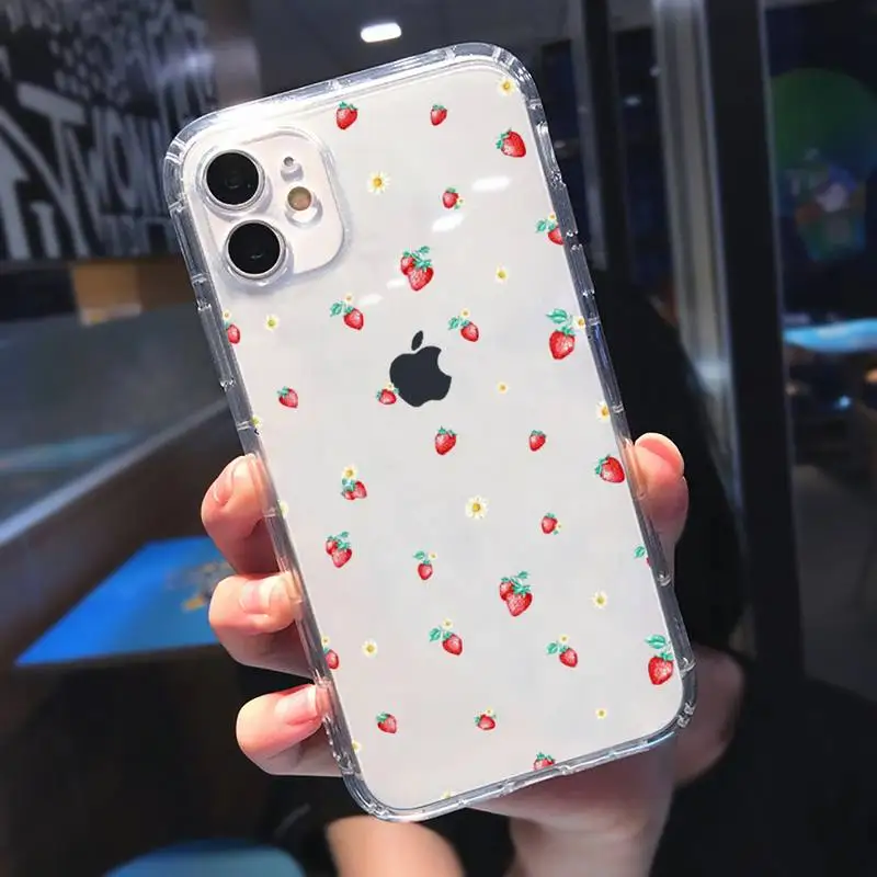 

Pink red strawberry cartoon fruit art Phone Case Transparent for iPhone 11 12 mini pro XS MAX 8 7 6 6S Plus X 5S SE 2020 XR