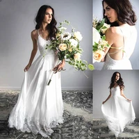 2020 beach wedding dress for bride boho lace chiffon cross straps back elegant summer bridal gowns floor length vestido de noiva