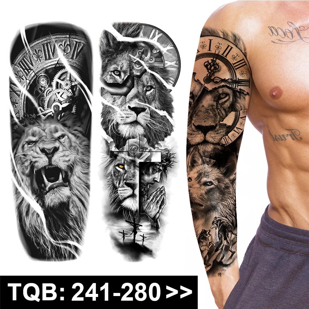 

Waterproof Large Full Arm Temporary Tattoo Sleeve Water Transfer Tattoo Stickers Rose Gear Lion Wolf Body Art Full Fake Tatoo