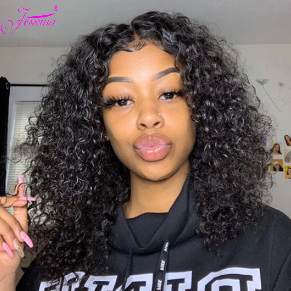 

8-16 Malaysian Virgin 100% Human Hair Jessenia 4x4 Lace Kinky Curly Closure Wigs 180 Density Short Bob Wig PrePlucked Deep Curly