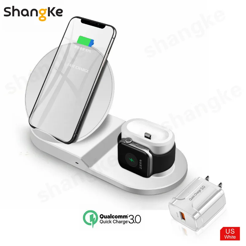 Беспроводной Зарядное устройство подставка для iPhone AirPods Apple Watch, док-станция для зарядки Зарядное устройство для наручных часов Apple Watch Series 5/4/3/2 iPhone 11 X XS - Цвет: white US plug