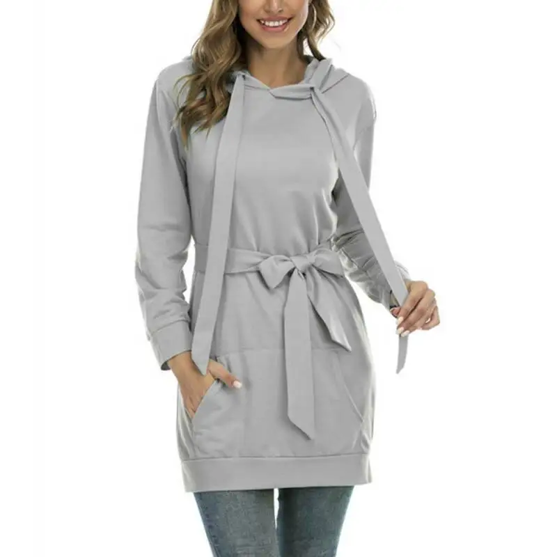 

Women Plain Belted Hooded Sweatshirt Dress Ladies Casual Mini Dresses Long Tops