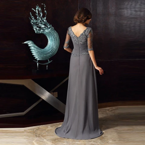 New Elegant Gray Lace Mother of the Bride Dresses Jewel Neck Beaded With Half Sleeves Wedding Guest Dress Applique Back Out