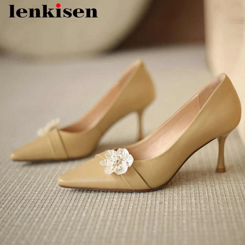 

Lenkisen newest style wedding shoes genuine leather appliques flowers small square toe thin high heel slip on women pumps L39