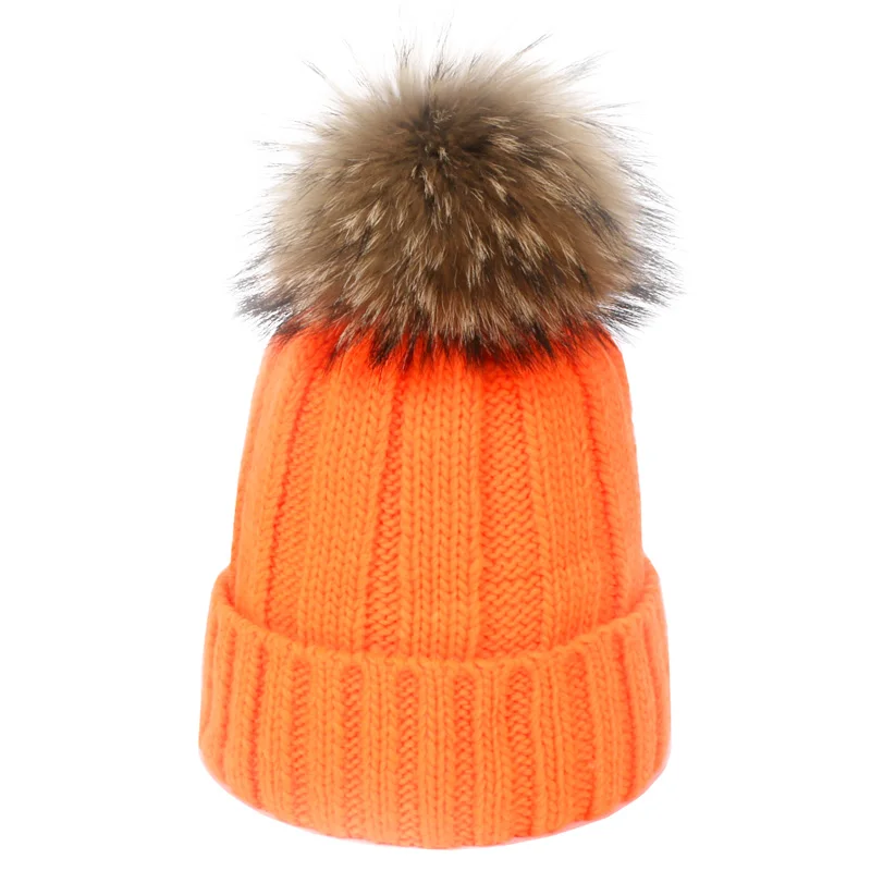 Women Autumn Winter Beanie Cap Female Acrylic Wool Hats With Real Fur Pompon Knit Windproof Outdoor Warm Fluorescent Beanie Hat - Цвет: B