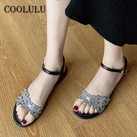 coolulu flat sandals women shoes crystal flower sandals buckle strap open toe causal footwear female summer beige large size 43