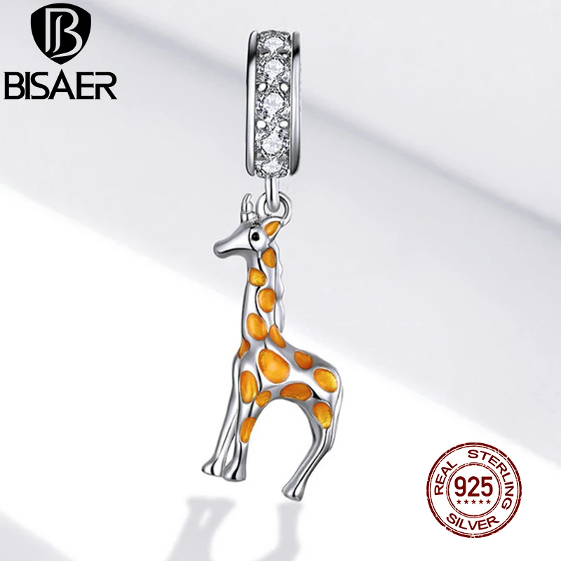 

BISAER Animal Giraffe Dangle Charm 925 Sterling Silver Enamel CZ Beads Pendant DIY Original Bracelets Necklace Jewelry EFC258