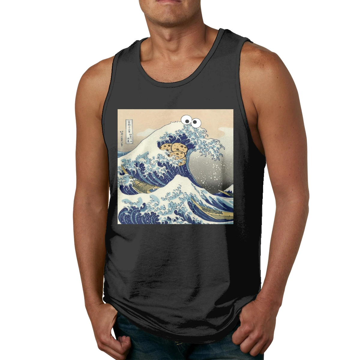 

100% Cotton Cookie Monster Funny Japanese Ukiyoe Great Wave Off Round Neck Tank Top Picture Custom Man's Men's Sleeveless Vest