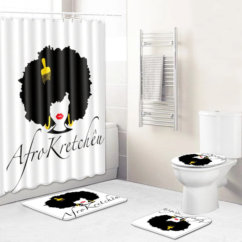 Goedkoop Afrikaanse Vrouwen 3D Gedrukt 4 Delige Set Badkamer Wc Cover Gebied Tapijt Bad Antislipmat 180*180cm Douchegordijn Fabriek Groothandel